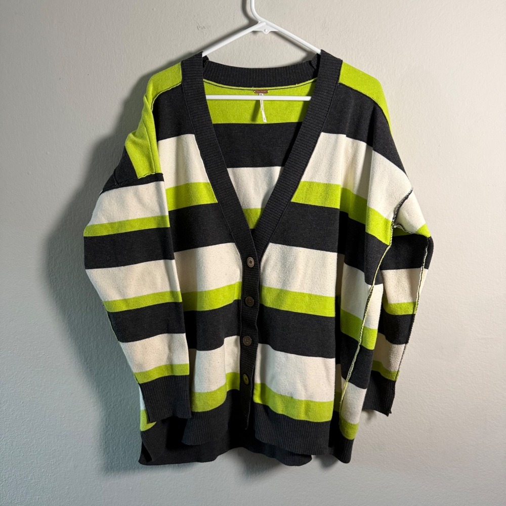 Free People Striped Oversized Cardigan V-Neck Button Front‎ Lime Small OB1125740
